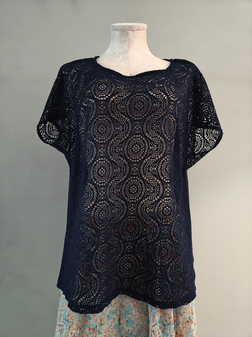 Women's Navy Blue Crochet Lace Blouse Large Layering Sheer Feminine Romantic